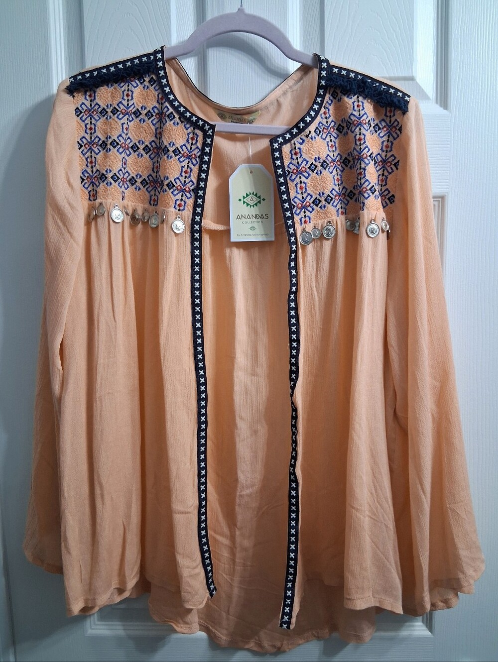 Anandas Peach Boho Embroidered Lightweight Jacket India